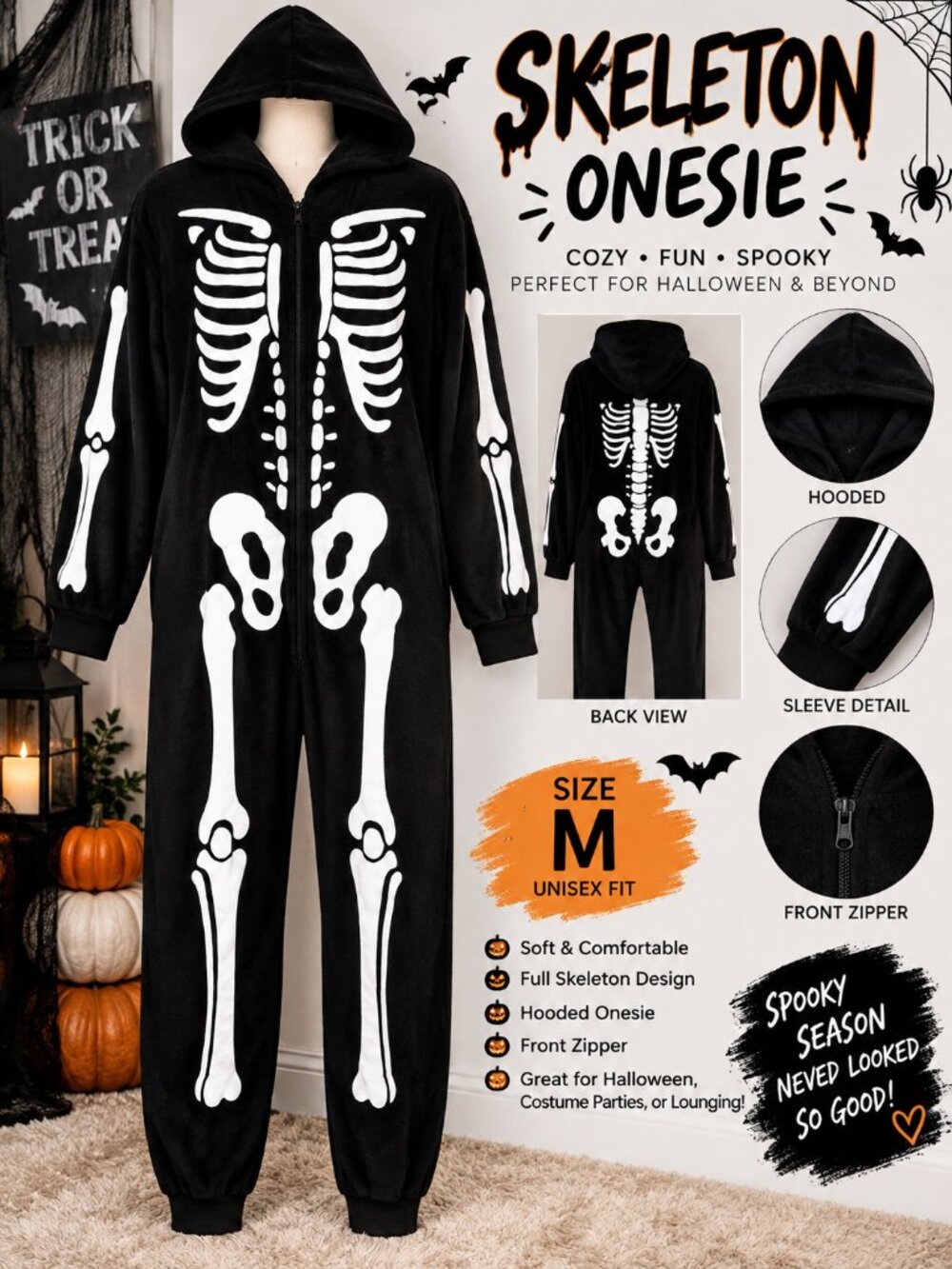 Skeleton Halloween Costume Onesie Medium Hooded Zip Up Jumpsuit Black White